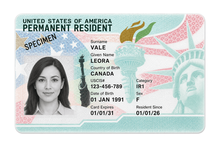 Illustrated specimen США residence permit