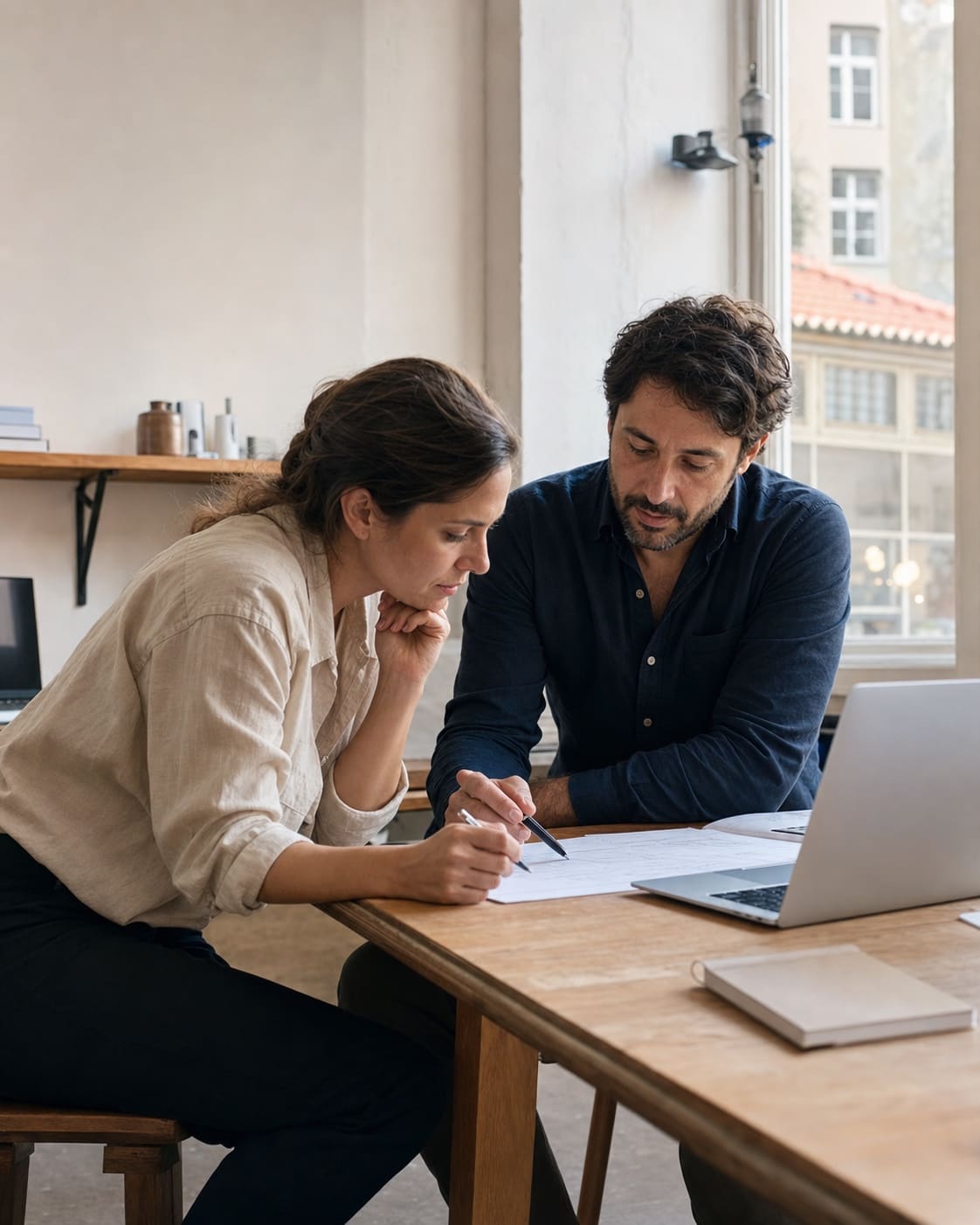 Founders reviewing a business plan in a bright Lisbon studio