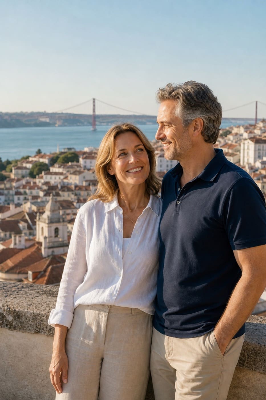 Mature couple overlooking Lisbon in daylight