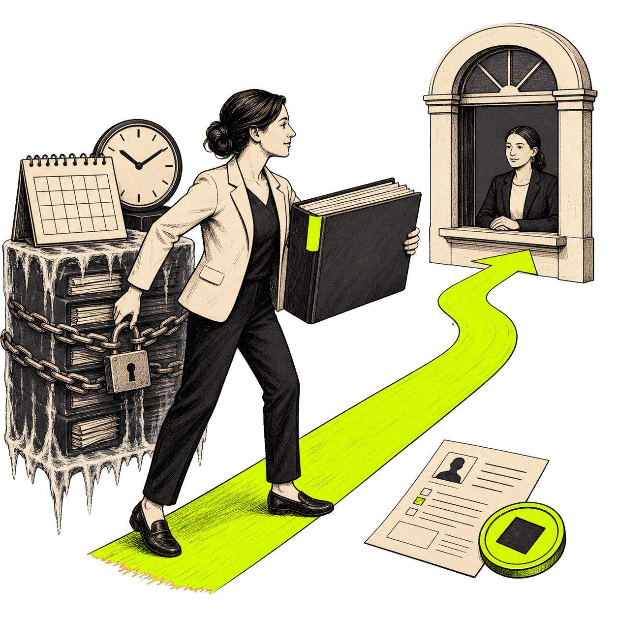 Editorial scene of a case manager carrying a client file past frozen bureaucracy to the authority counter