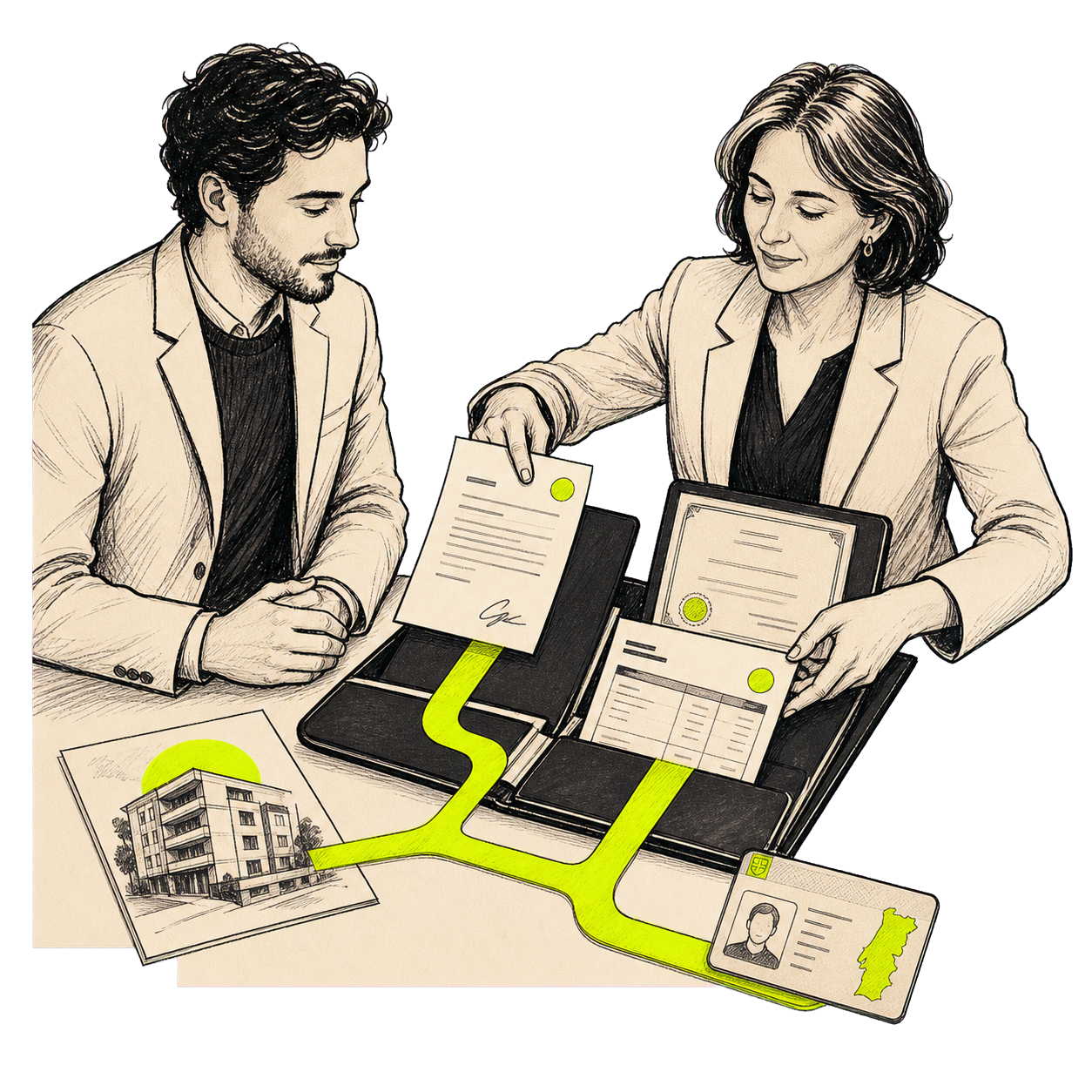 Editorial scene showing a foreign employer connected to a local payroll company and employee