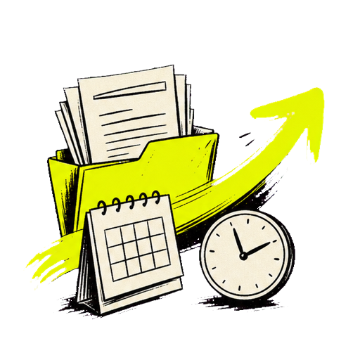 Hand-drawn filing documents, calendar and clock illustration