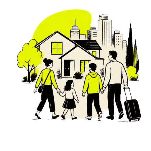 Hand-drawn family, home and city relocation illustration