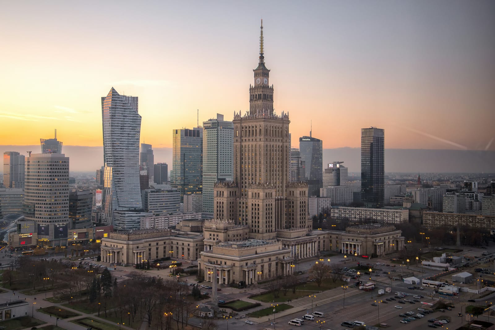 Warsaw city centre at dusk